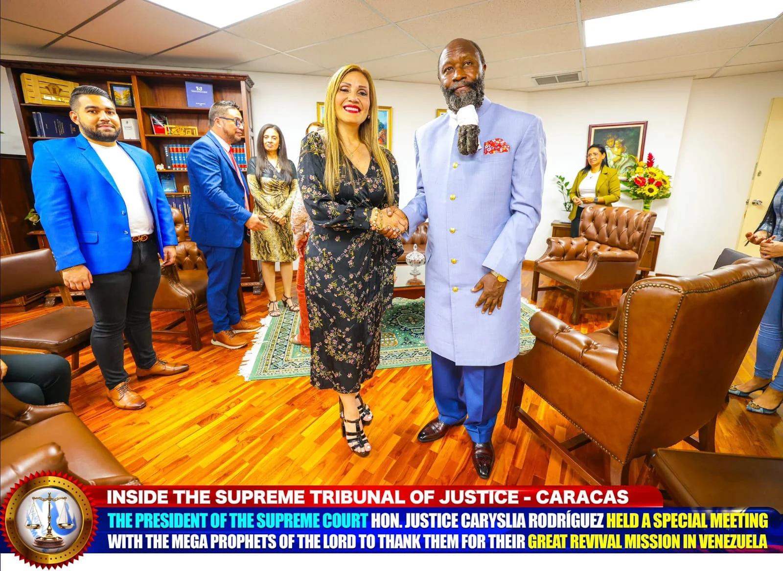 Hon. Justice Caryslia Rodríguez, President of the Supreme Court, shaking hands with the Prophet in her chambers.