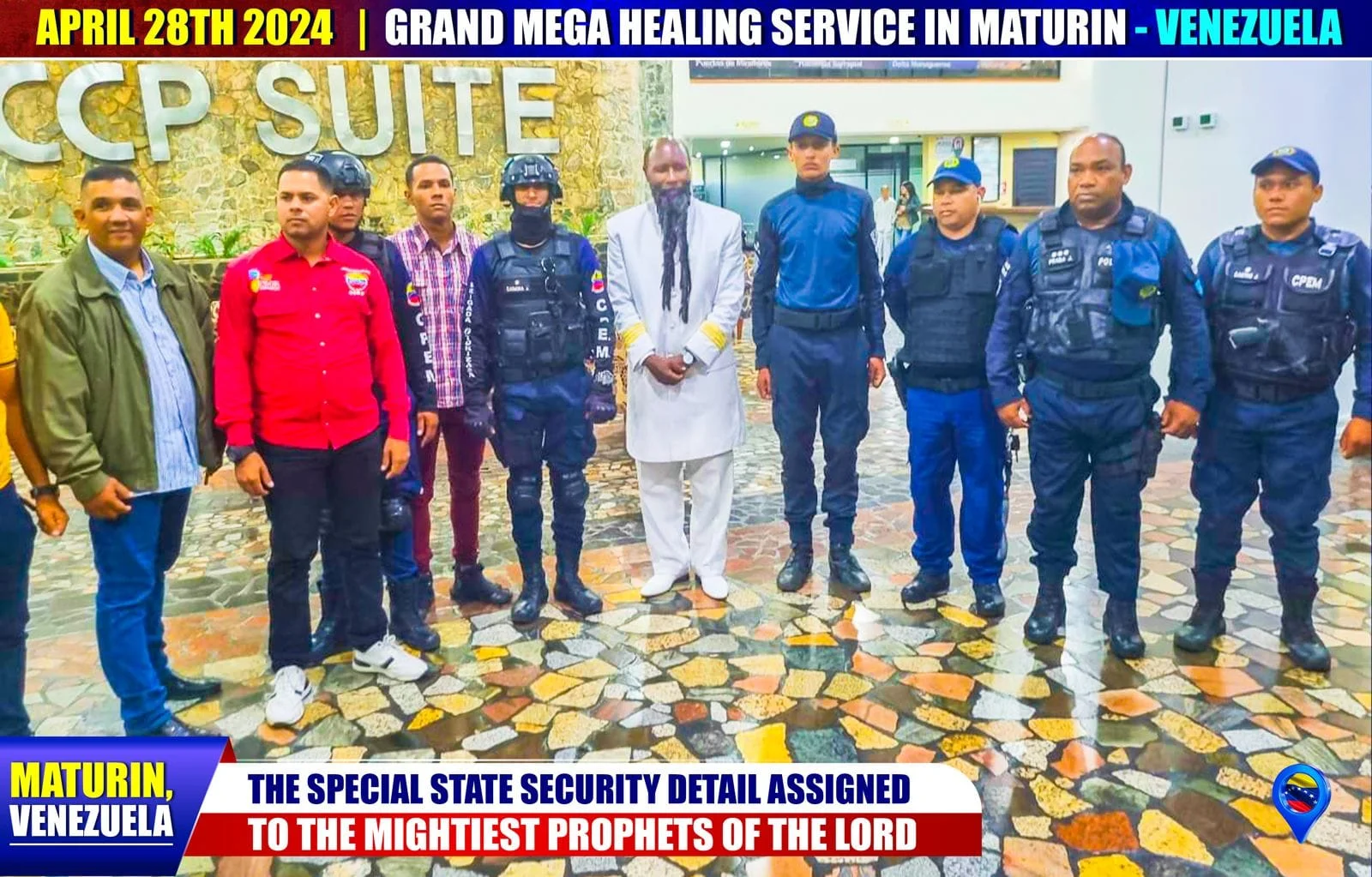 The Prophet in white standing in a line with the state security detail assigned to him in Maturín.